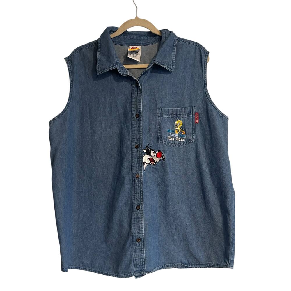 Y2K Looney Tunes Sleeveless Chambray Shirt Womens Sz 18 Button Down Whimsical